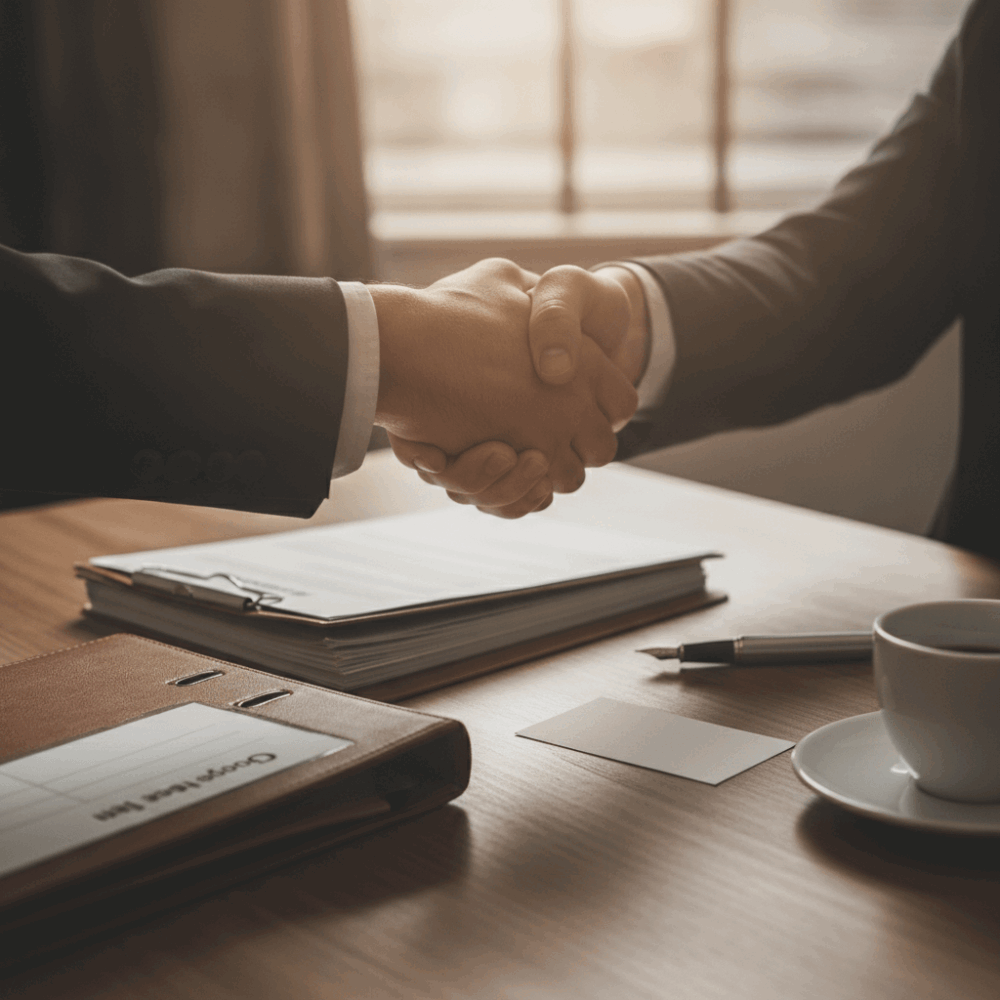 Poignée de main entre un client et un avocat au-dessus de dossiers de devis comparatifs