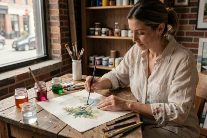 Femme adulte concentrée sur une peinture aquarelle dans un atelier créatif chaleureux, activité artistique pour se recentrer