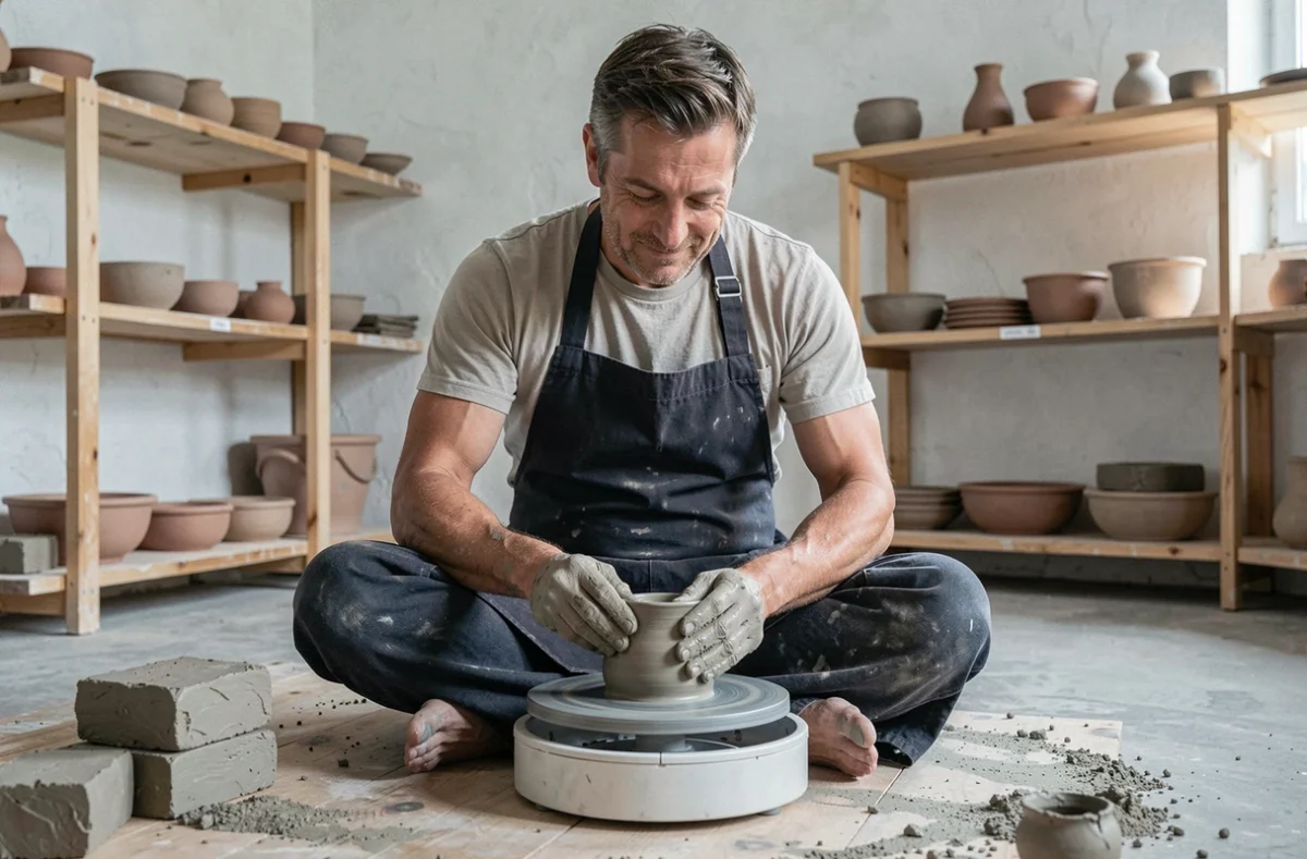 Homme adulte modelant un bol en argile dans un atelier de poterie, activité créative manuelle pour se ressourcer et se recentrer
