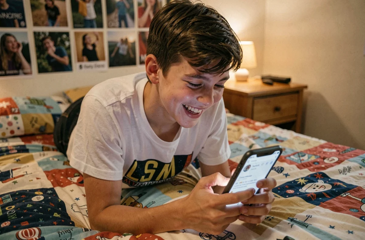Adolescent allongé sur son lit riant en regardant l'effet Barrel Roll de Google sur son smartphone