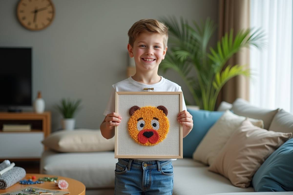 Adolescent montrant son œuvre de broderie diamant