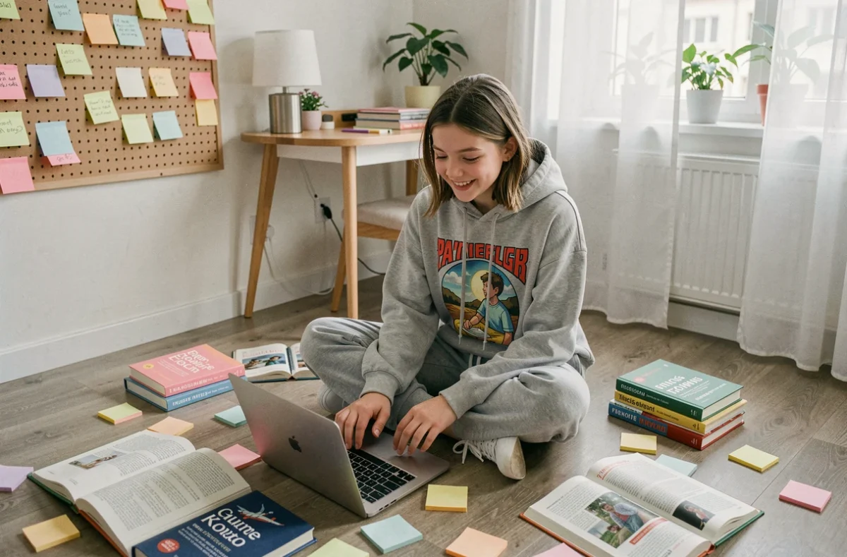 Adolescente assise sur le sol de sa chambre entourée de dictionnaires et de post-it colorés pour apprendre à créer des rimes en français