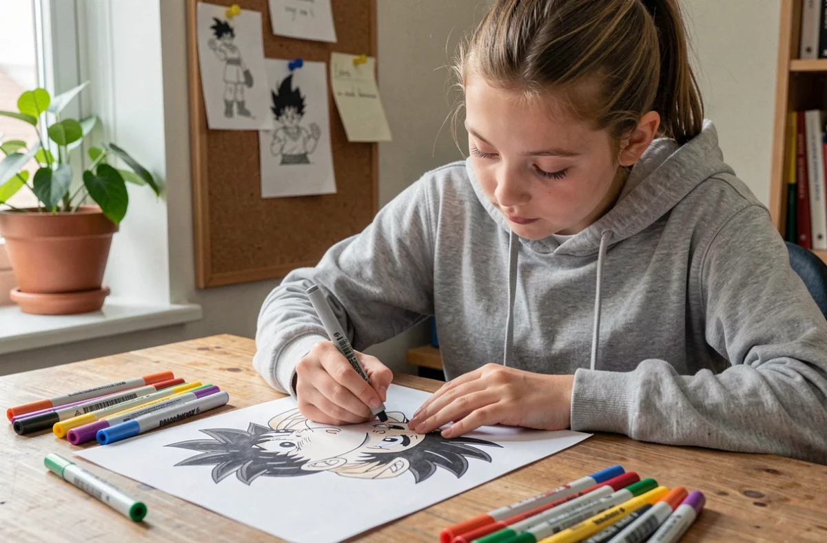 Adolescente qui colorie un dessin Dragon Ball Z avec des feutres sur un bureau en bois