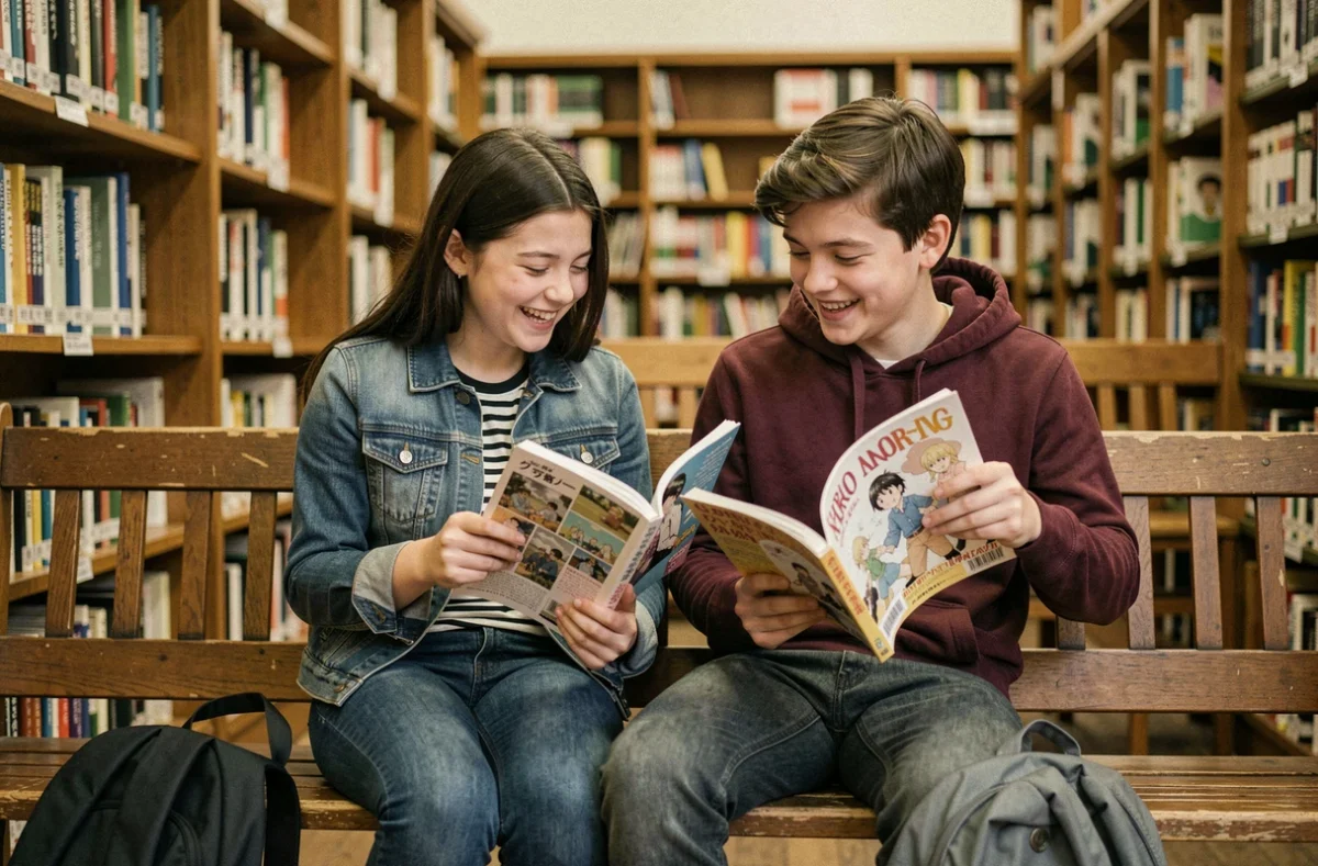 Deux adolescents lisant des mangas ensemble sur un banc dans une bibliothèque publique