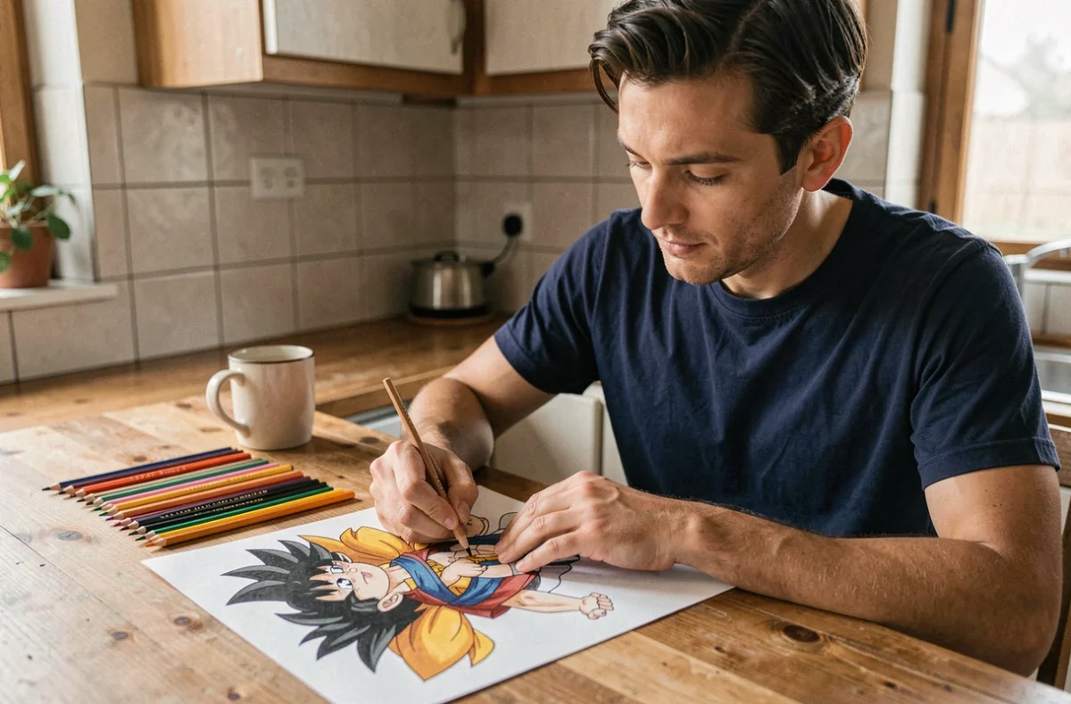 Homme adulte coloriant une illustration Dragon Ball Z complexe à la table de la cuisine