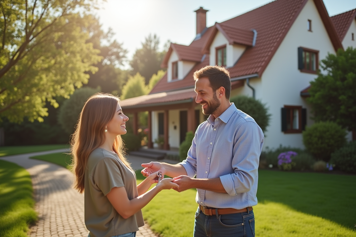 Agent immobilier remettant les clés à un couple devant une maison