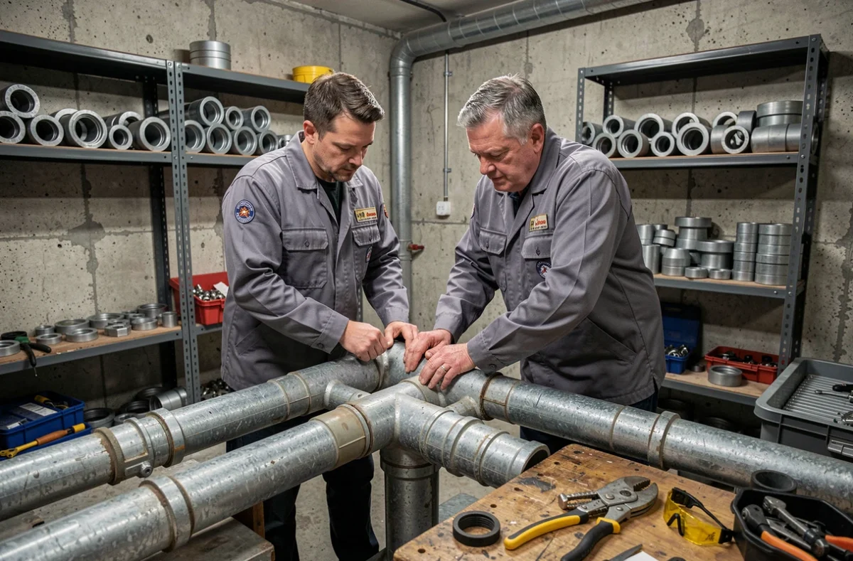 Deux techniciens de l'entreprise All collaborant sur des tuyaux de drainage dans une salle de service en sous-sol à Montreuil