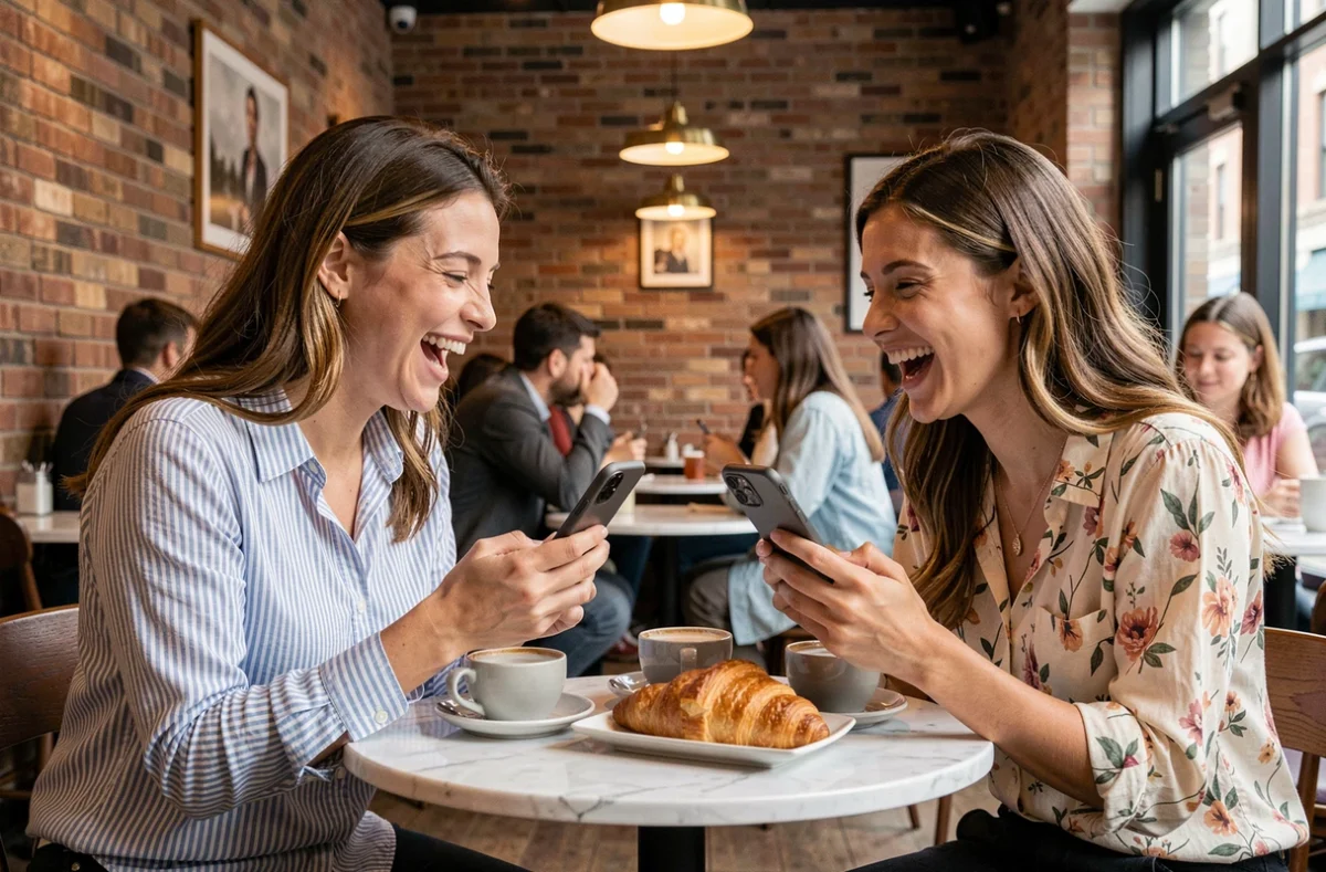 Deux amies qui partagent des nouvelles people sur smartphone dans un café parisien animé