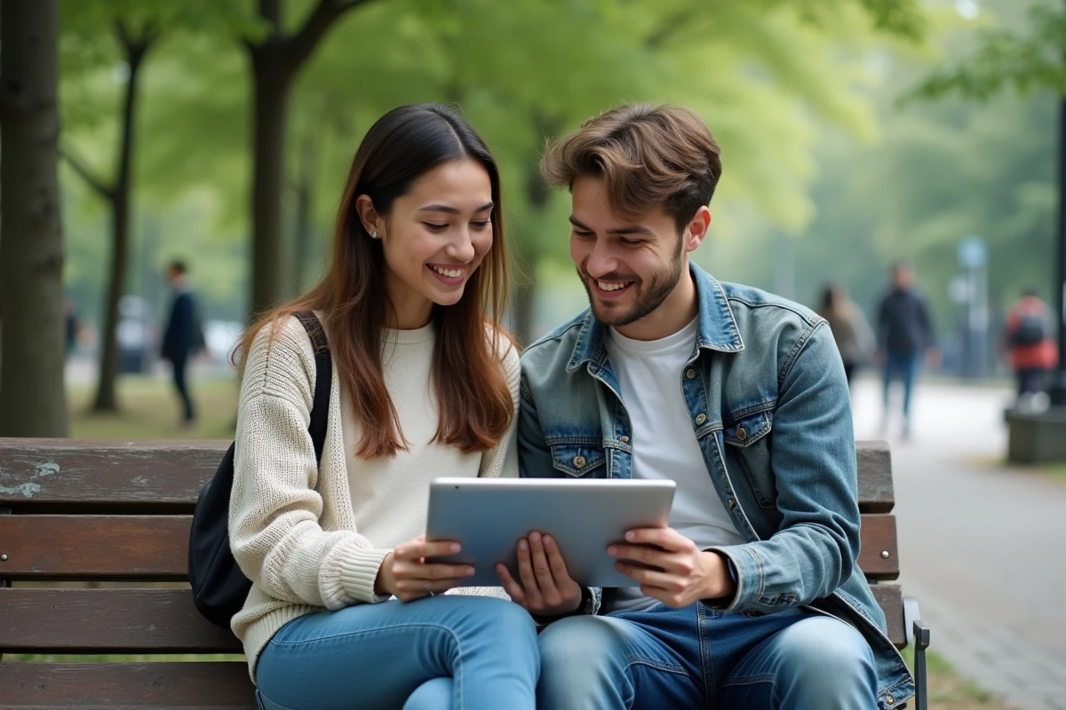Deux amis lisant ensemble un scan manga Just Friend sur une tablette dans un parc