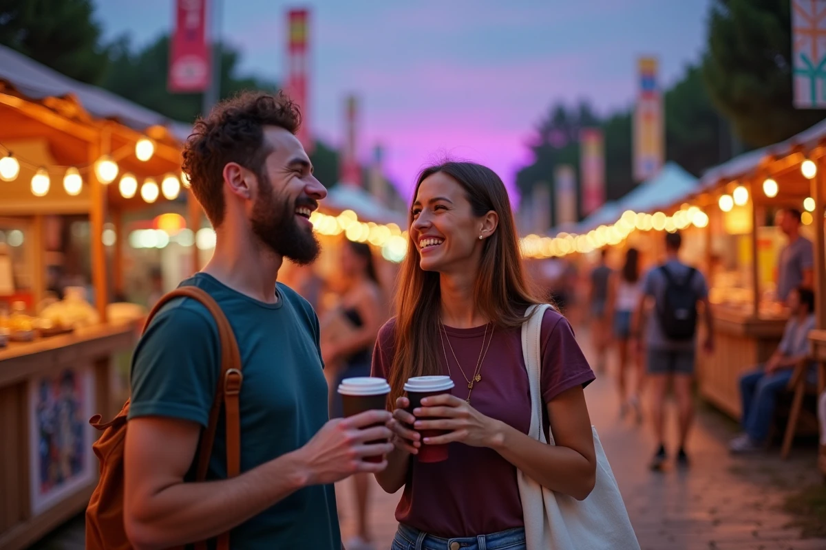Deux amis profitant de l'ambiance festive et des stands artisanaux d'un festival de musique à Lyon