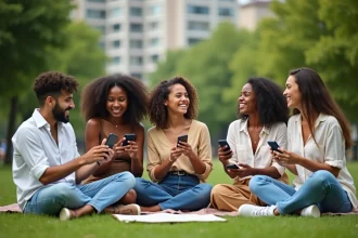 Groupe d'amis dans un parc avec accessoires zodiacaux