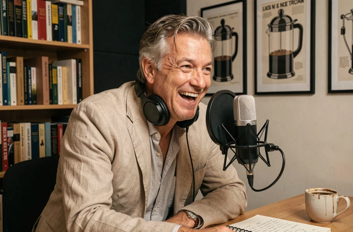 Animateur de podcast masculin en blazer lin souriant devant un microphone broadcast classique dans un studio home recording