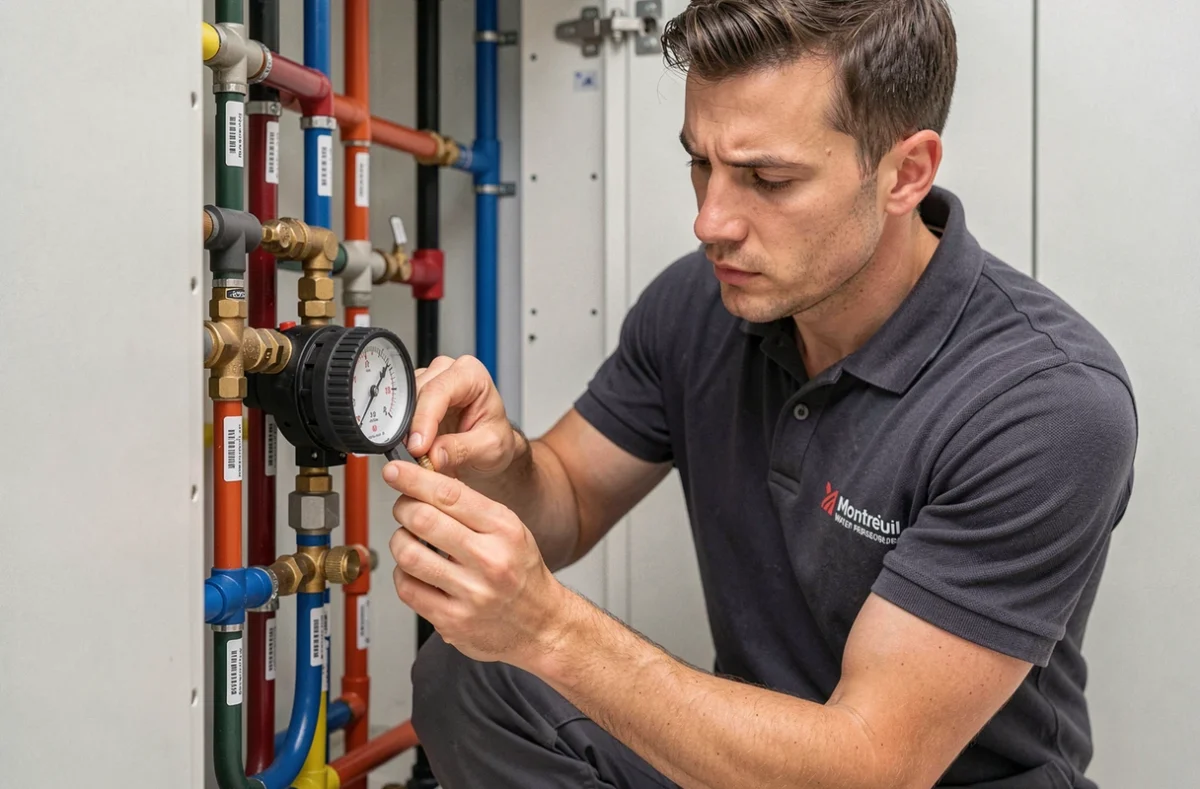 Technicien d'APM Solutions installant un régulateur de pression d'eau dans un placard technique résidentiel à Montreuil