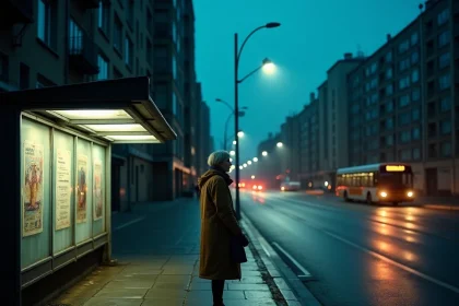 Femme seule à un arrêt de bus désert la nuit dans le quartier du Mirail à Toulouse, immeubles en béton en arrière-plan