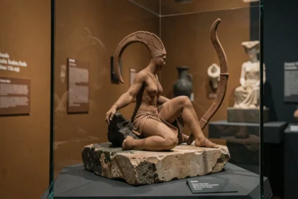 Statuette en terre cuite d'une déesse chasseresse grecque exposée dans un musée archéologique, évoquant le lien entre Artémis et le monde souterrain