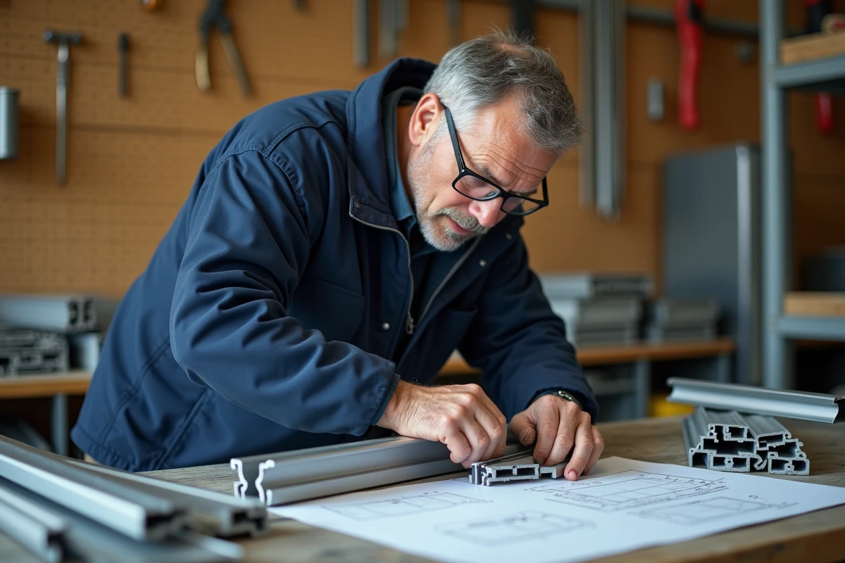 Artisan menuisier mesurant un barreau aluminium avec un pied à coulisse dans un atelier de menuiserie métallique professionnel