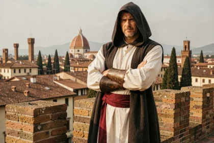 Assassin de la Renaissance en tenue historique blanche et rouge sur les toits de Florence au XVe siècle