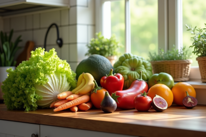 Assortiment coloré de fruits et légumes frais sur un plan de travail