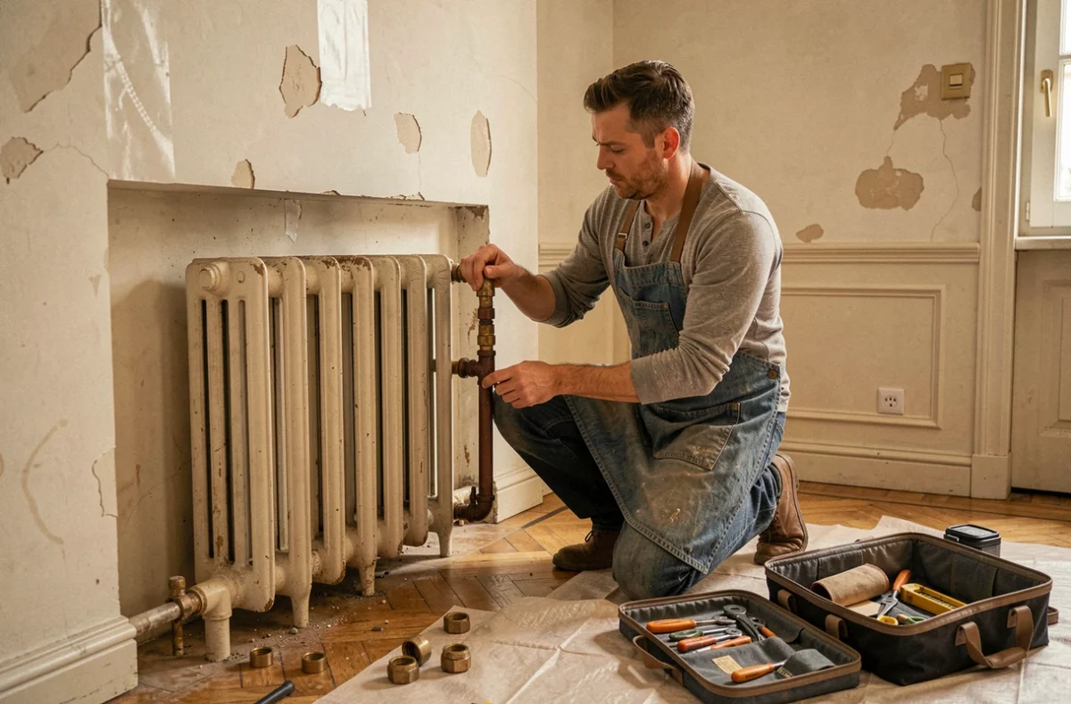 Artisan de l'Atelier Corbier installant une tuyauterie de radiateur en fonte dans un appartement classique de Montreuil