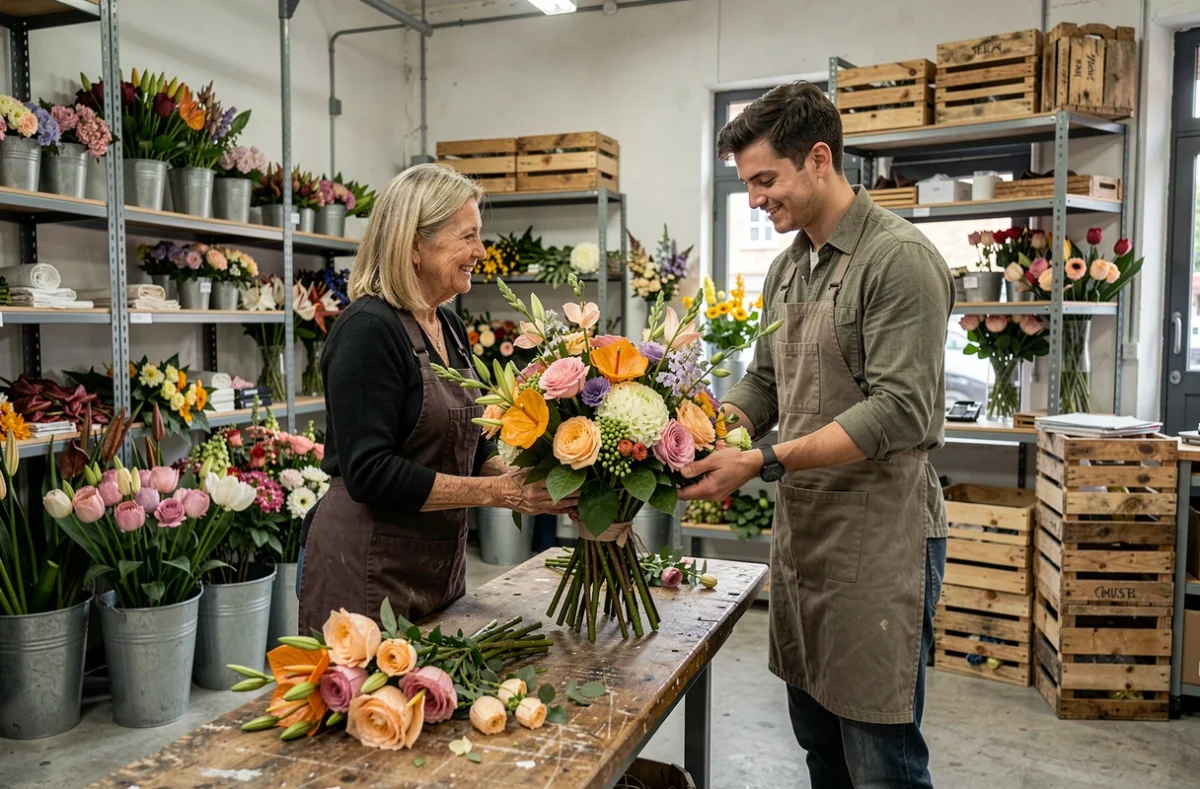 Deux fleuristes en atelier à Marseille créant une composition florale pour un événement
