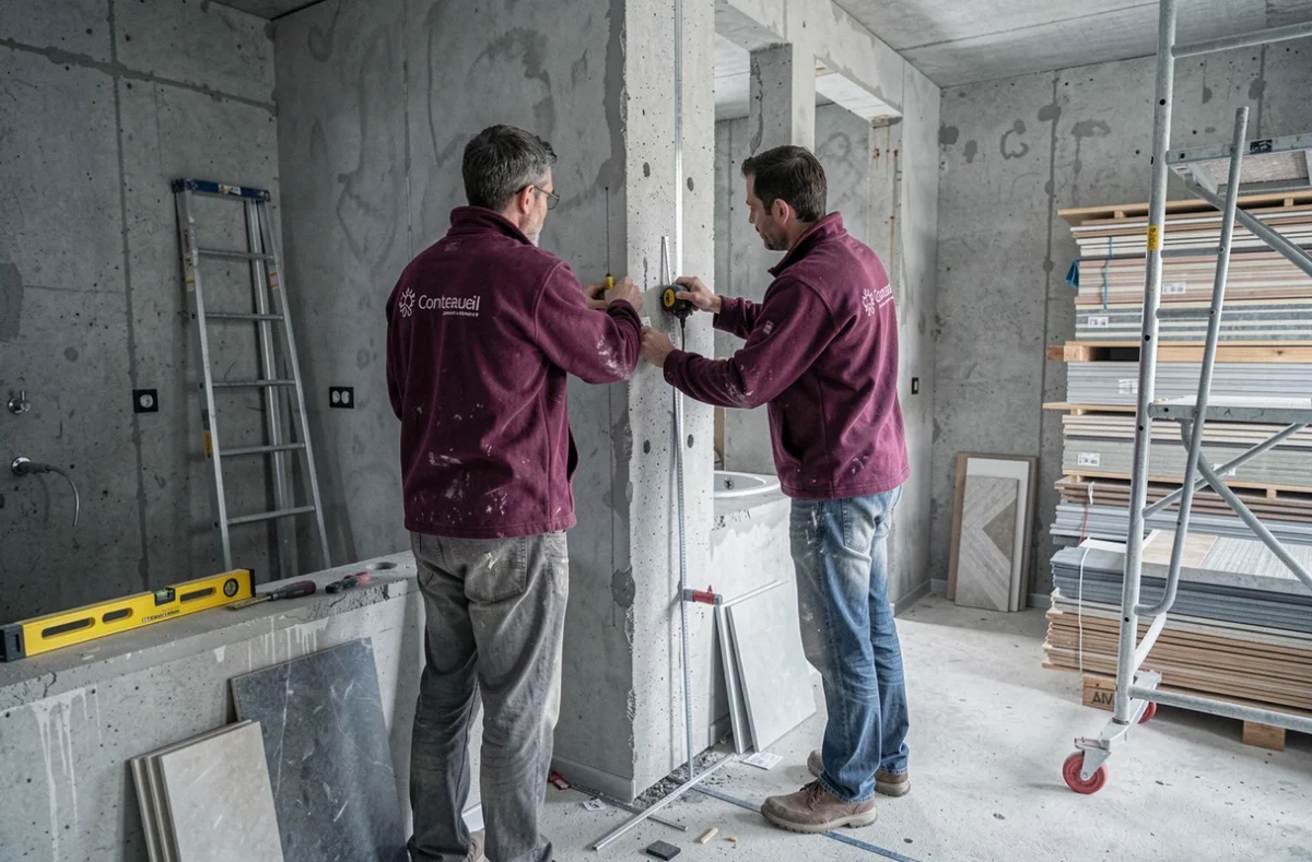 Équipe d'Avenir Rénovations 93 mesurant un mur de salle de bain dans un appartement en rénovation à Montreuil