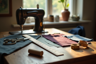 Plan d’un banc de couture avec outils vintage et tissus