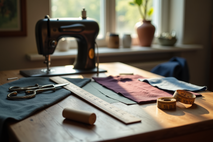 Plan d’un banc de couture avec outils vintage et tissus