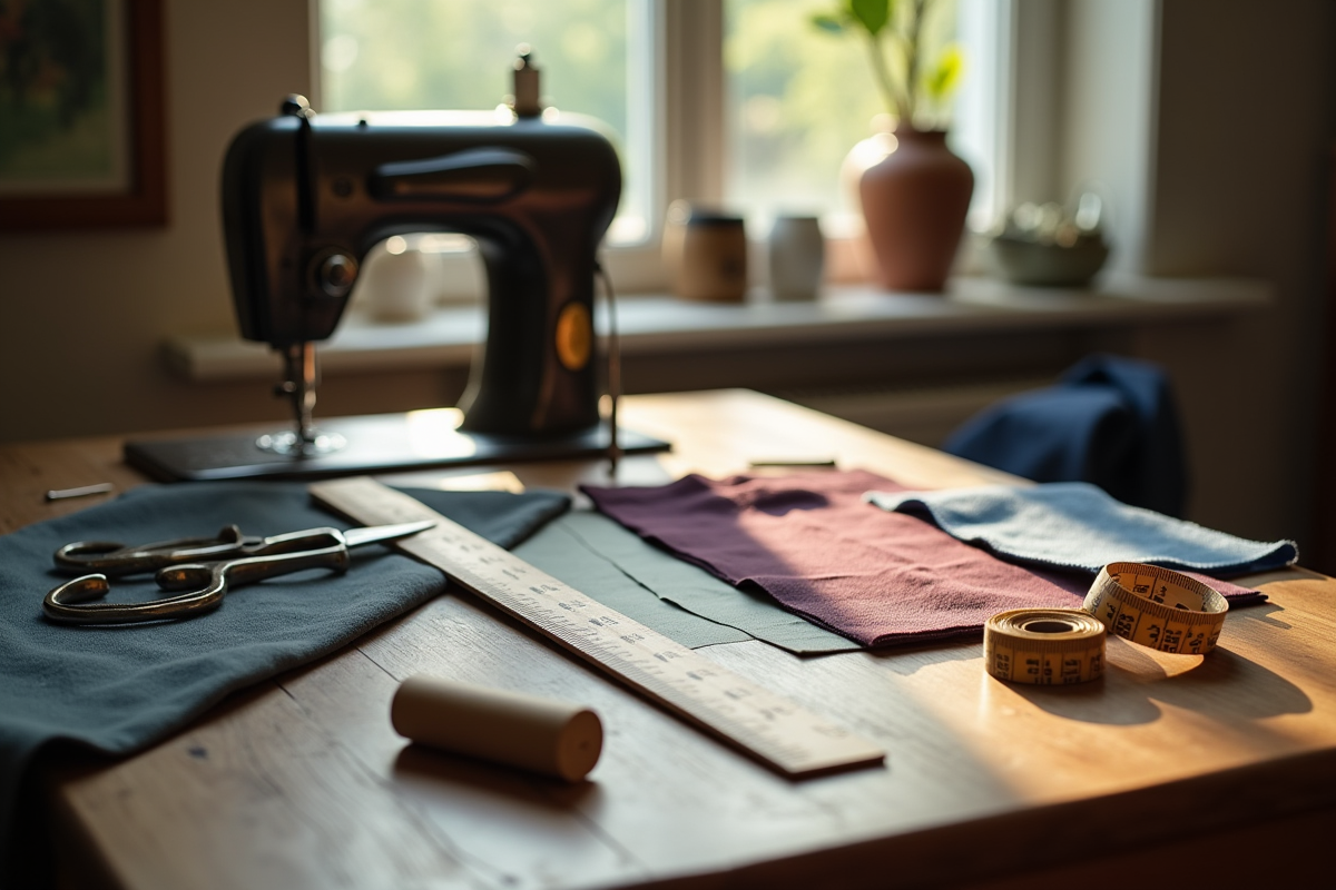 Plan d’un banc de couture avec outils vintage et tissus