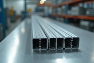 Barreaux en aluminium extrudé pour menuiserie alignés sur un établi d'atelier industriel, montrant les profils en coupe avec finition anodisée argentée