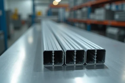 Barreaux en aluminium extrudé pour menuiserie alignés sur un établi d'atelier industriel, montrant les profils en coupe avec finition anodisée argentée