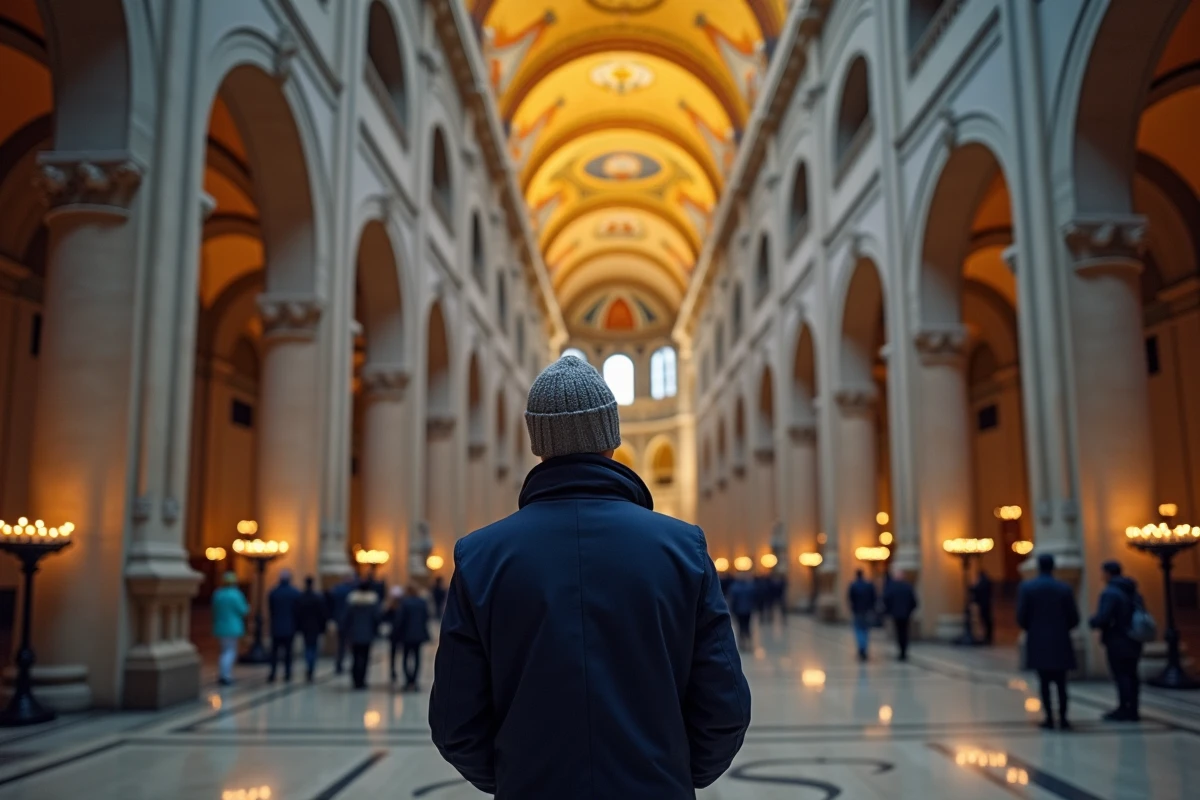 Visiteur admirant les mosaïques dorées de la Basilique Notre-Dame de Fourvière en hiver