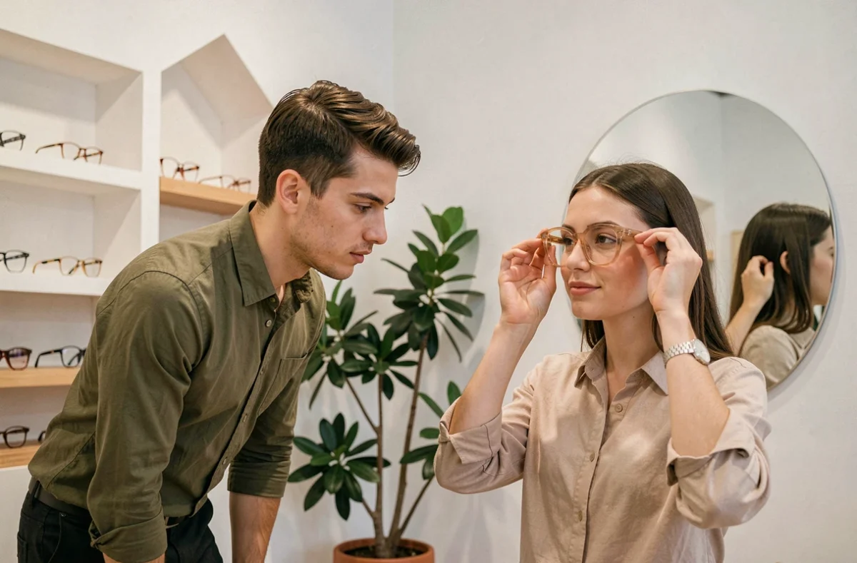 Jeune opticien de Benocle Opticiens aidant une cliente à essayer des montures acetate dans un espace moderne et épuré