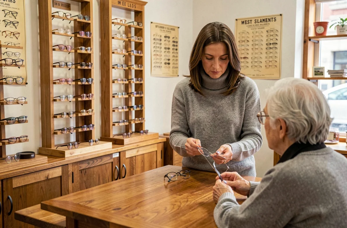 Opticienne de Berny Optique présentant des options de verres à une cliente âgée dans une boutique indépendante chaleureuse