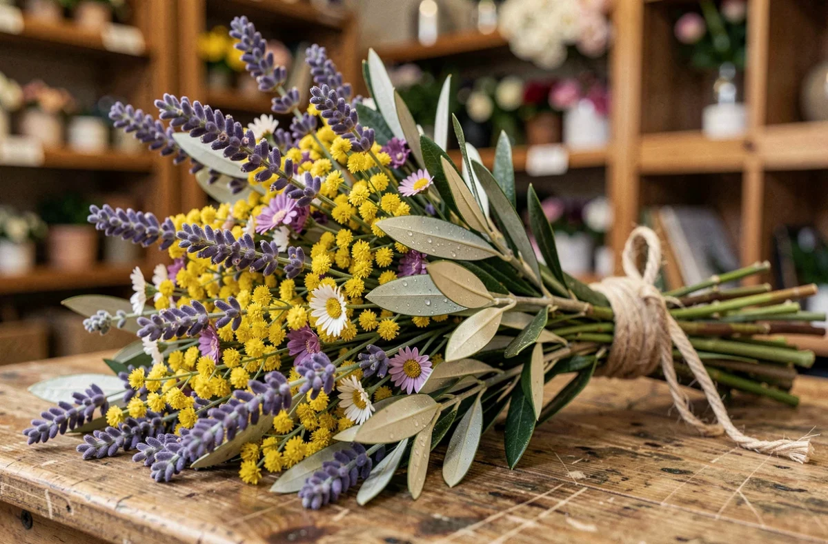 Gros plan d'un bouquet provençal avec lavande, mimosa et branches d'olivier chez un fleuriste marseillais