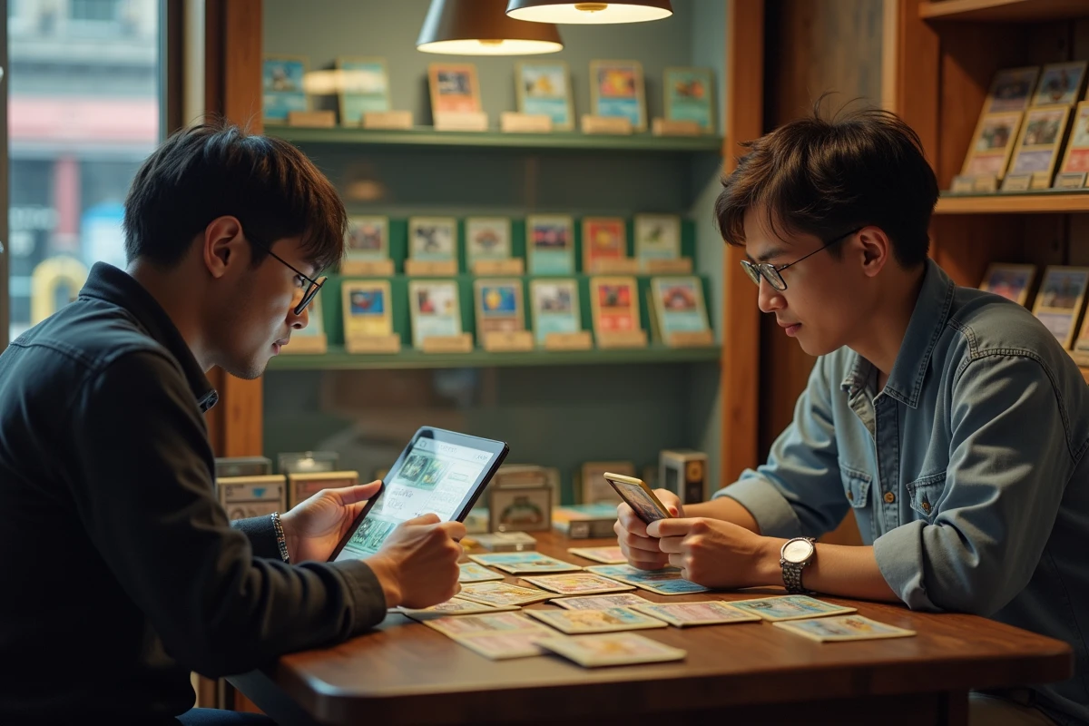 Deux collectionneurs adultes examinant une carte Pokémon Celebi star dans une boutique spécialisée, consultant une cote de valeur sur tablette