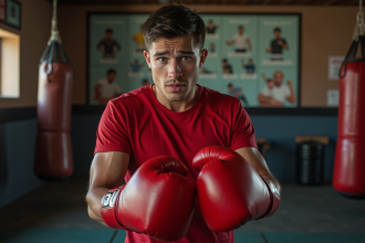 Jeune boxeur perplexe essayant des gants trop grands dans une salle de boxe