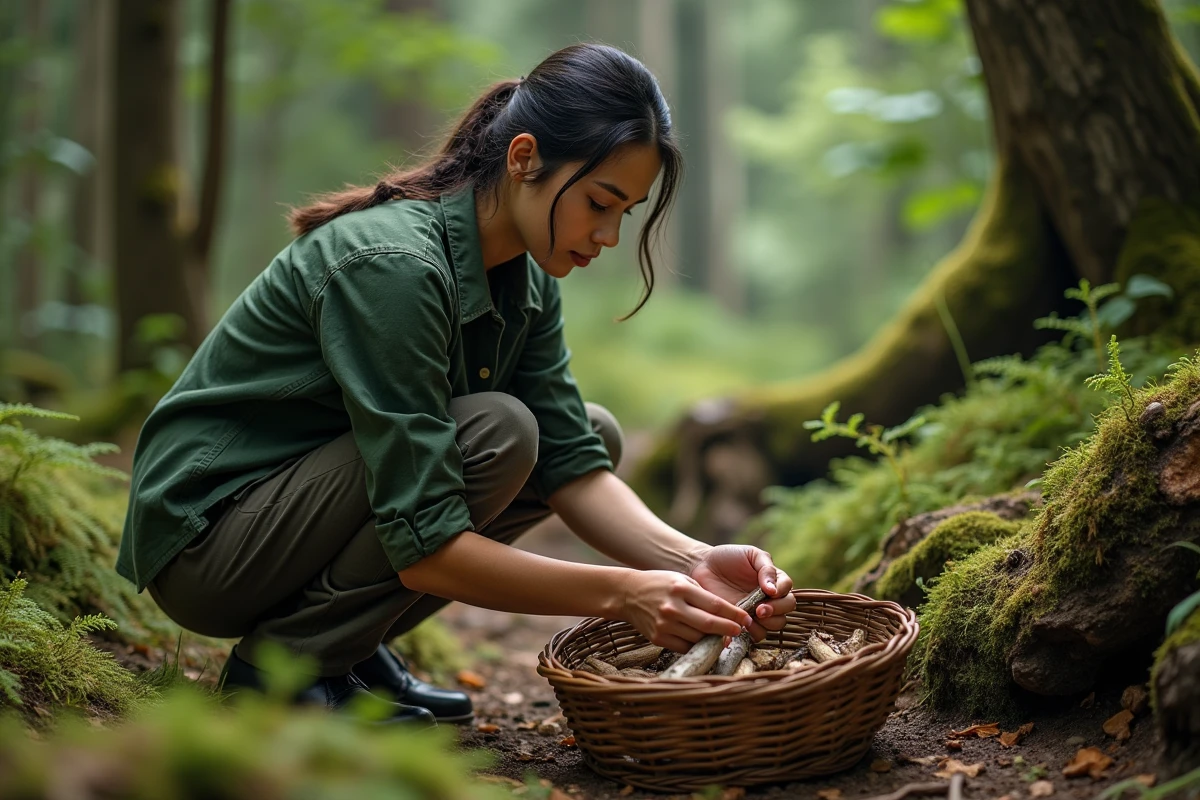 Jeune femme récoltant du bois en forêt représentant le métier de bûcheron dans un jeu de rôle en ligne