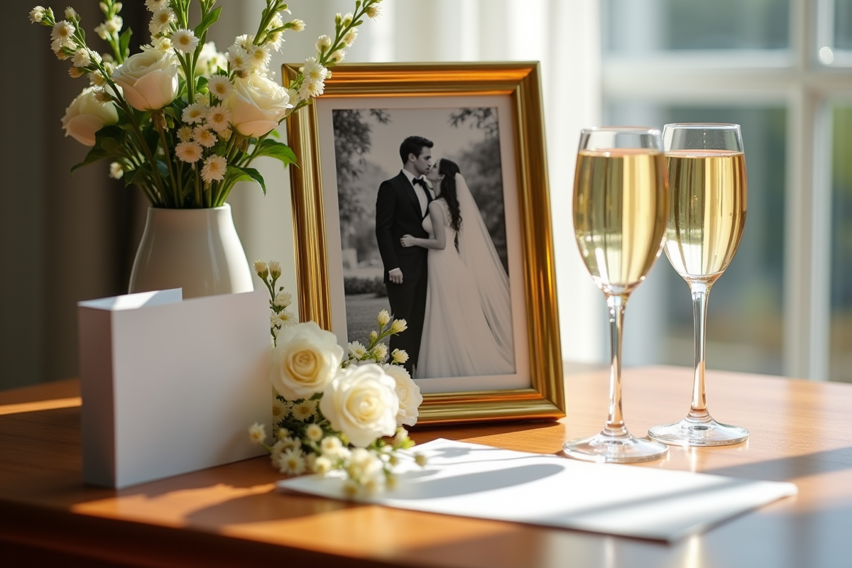 Cadre photo de mariage ancien avec fleurs et verres de champagne