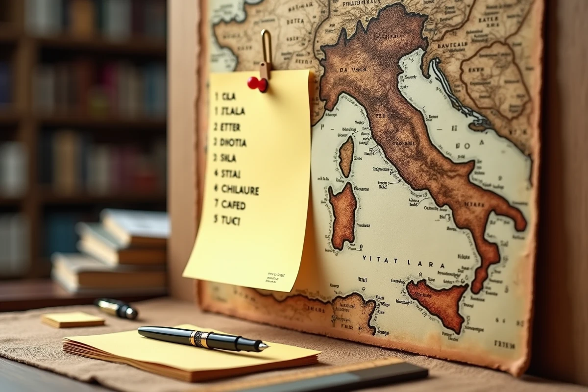 Carte ancienne de l'Italie épinglée sur un tableau liège avec une liste manuscrite de villes italiennes à cinq lettres pour mots croisés