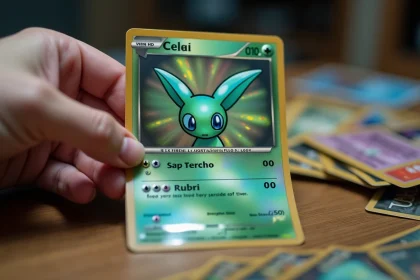 Carte Pokémon Celebi holographique tenue par un collectionneur adulte en gros plan, mettant en valeur les reflets irisés et la rareté de la carte
