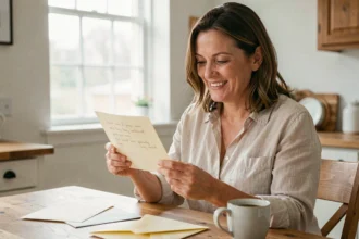 Femme lisant une carte de vœux de vacances à la maison avec un sourire chaleureux