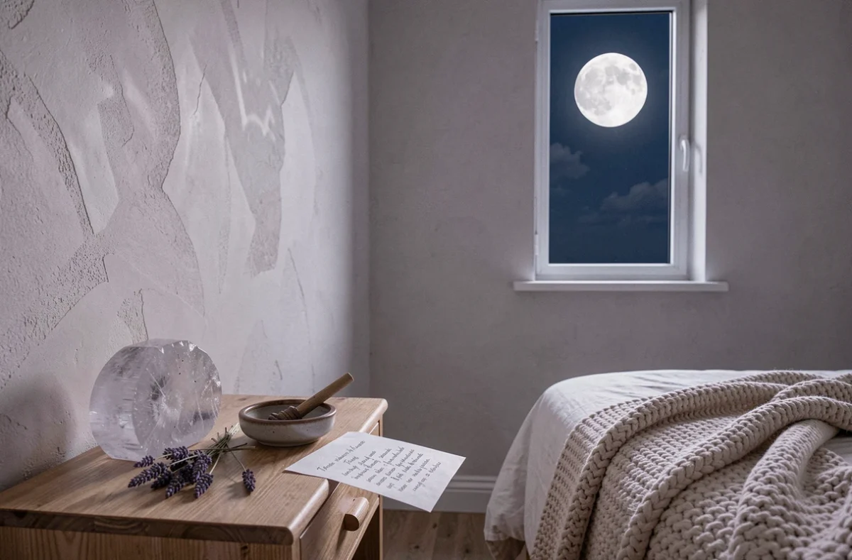 Coin chambre aménagé pour le nettoyage des énergies stagnantes pendant la pleine lune avec cristaux et sauge