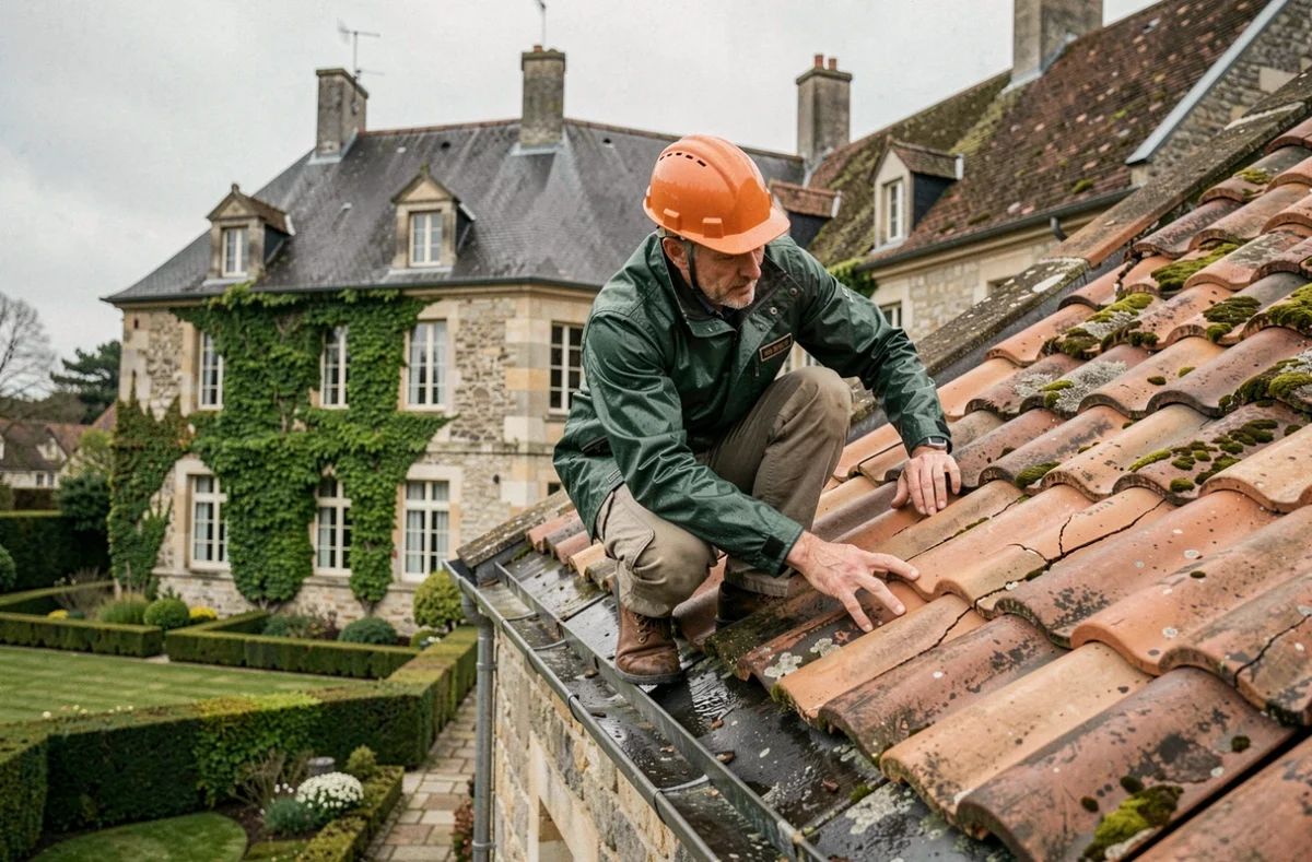 Couvreur de Champlain Couverture inspectant des tuiles en terre cuite sur un manoir normand
