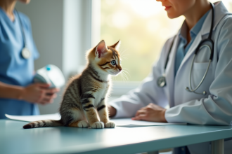 Chaton inquiet avec veterinaire sur table lumineuse