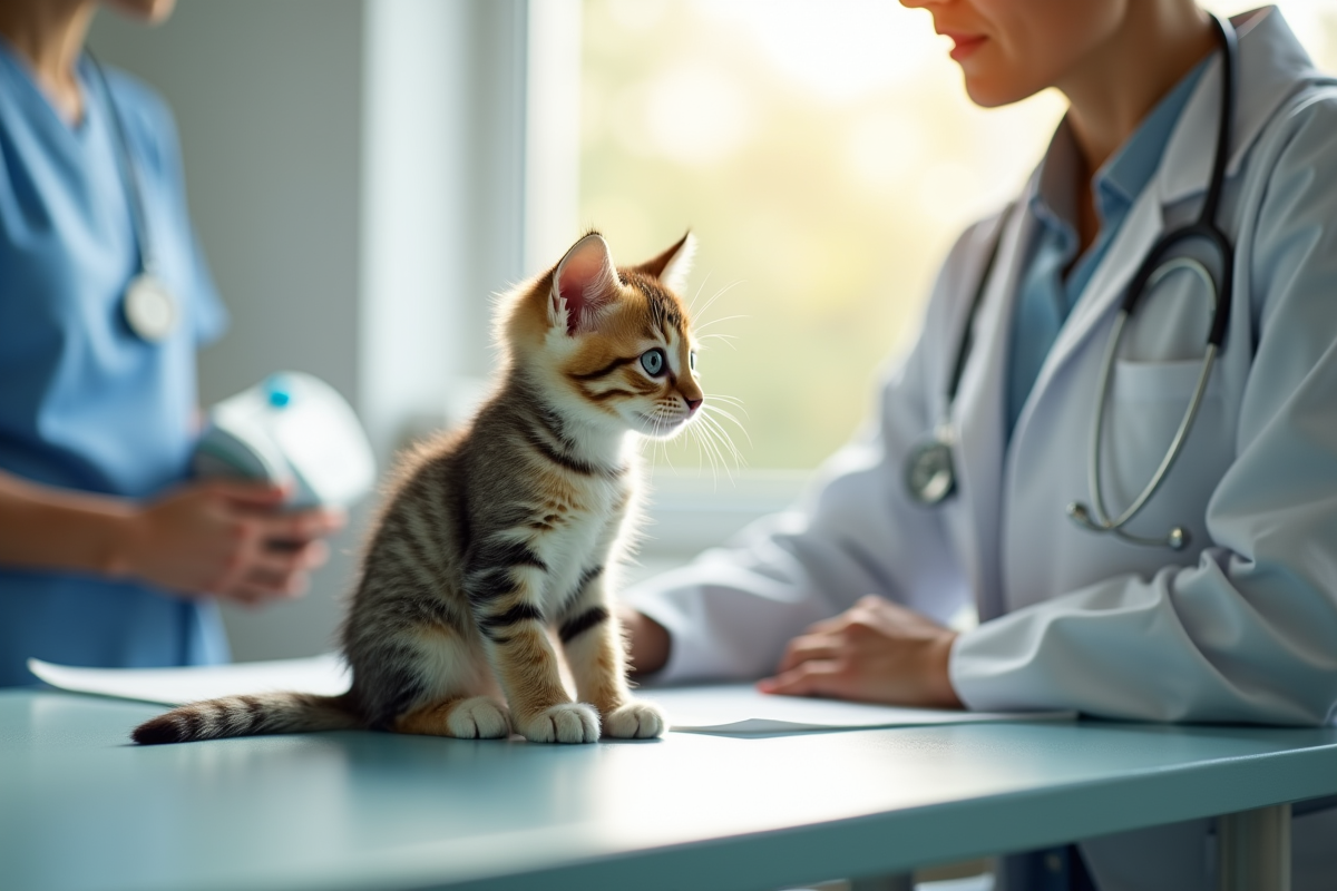 Chaton inquiet avec veterinaire sur table lumineuse