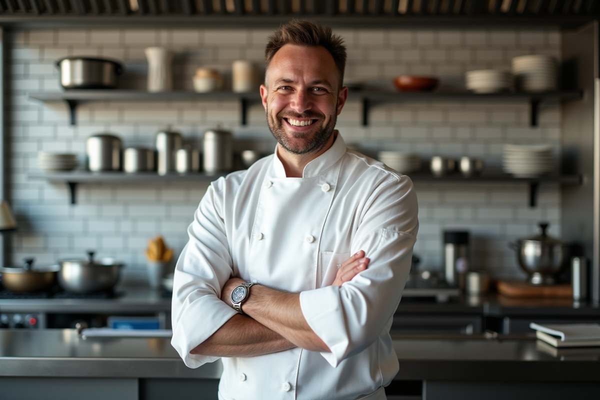 Chef en cuisine professionnelle en uniforme blanc