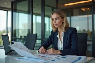 Cheffe d'entreprise analysant des documents d'assurance et de trésorerie dans un bureau moderne