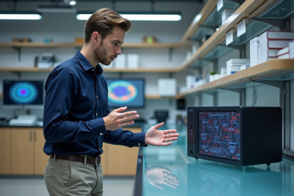 Jeune chercheur en laboratoire avec ordinateur quantique