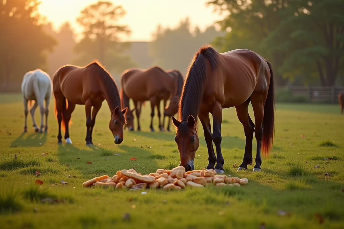 Plusieurs chevaux broutant dans un pré vert au lever du soleil