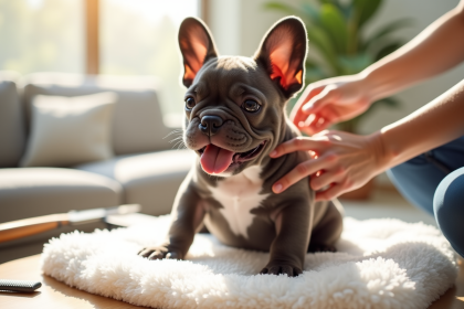 Chiot bulldog français sur serviette blanche en intérieur